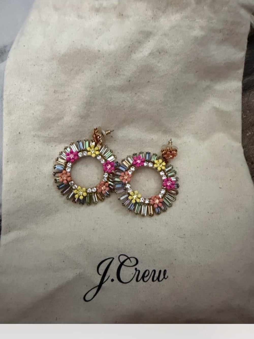 J. Crew Multicolor Crystal Flower Hoop Earrings - Pink, Yellow, Blue